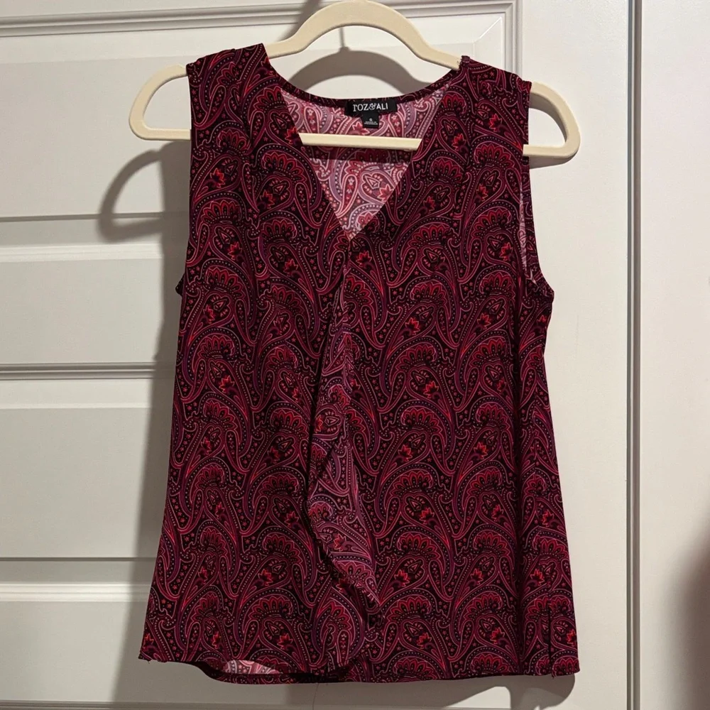 Roz & Ali Burgundy Paisley V-Neck Blouse - Picture 1 of 3